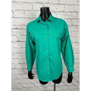 Gitano Green Cotton Linen Button Up Pockets Women's Shirt Size Small Vintage 80s